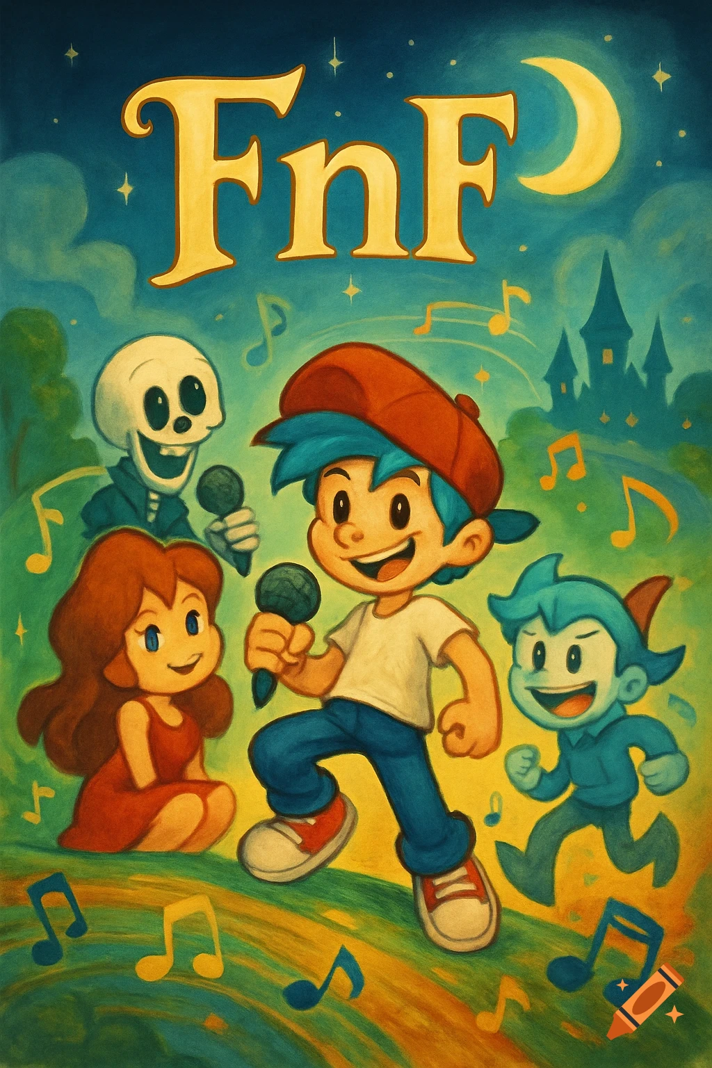 Illustrated poster of FnF characters, including Boyfriend with a microphone, under a starry night sky with a castle and musical notes.