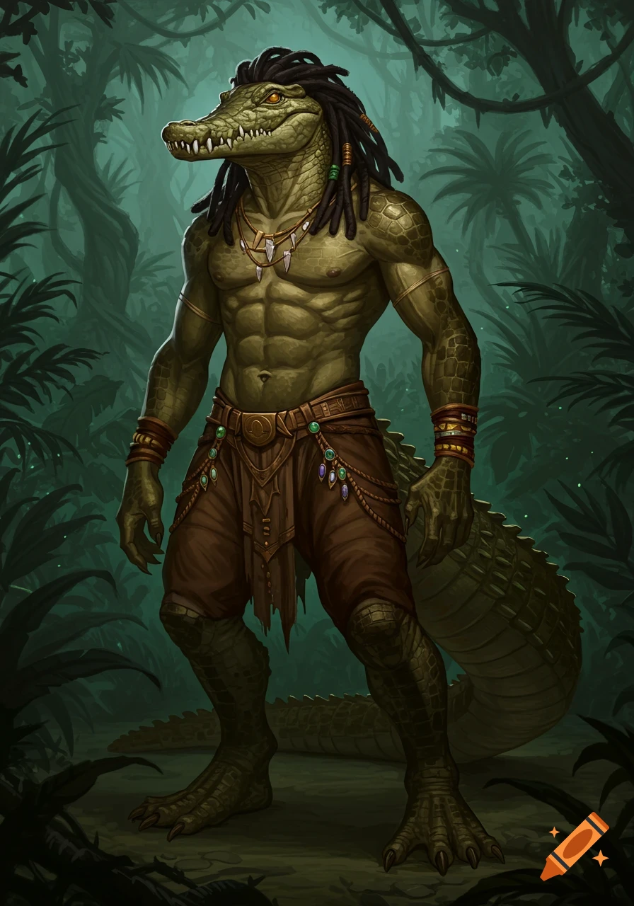 A muscular anthropomorphic crocodile man with green scales and black dreadlocks stands in a lush jungle, adorned with ornate jewelry and brown baggy pants.