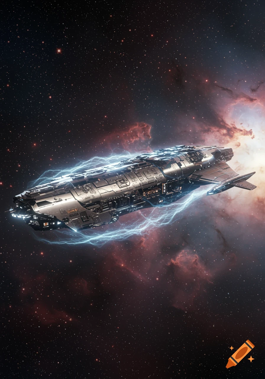 A photorealistic interstellar spaceship with blue energy glowing around it, flying through a starfield with red and purple nebulae.