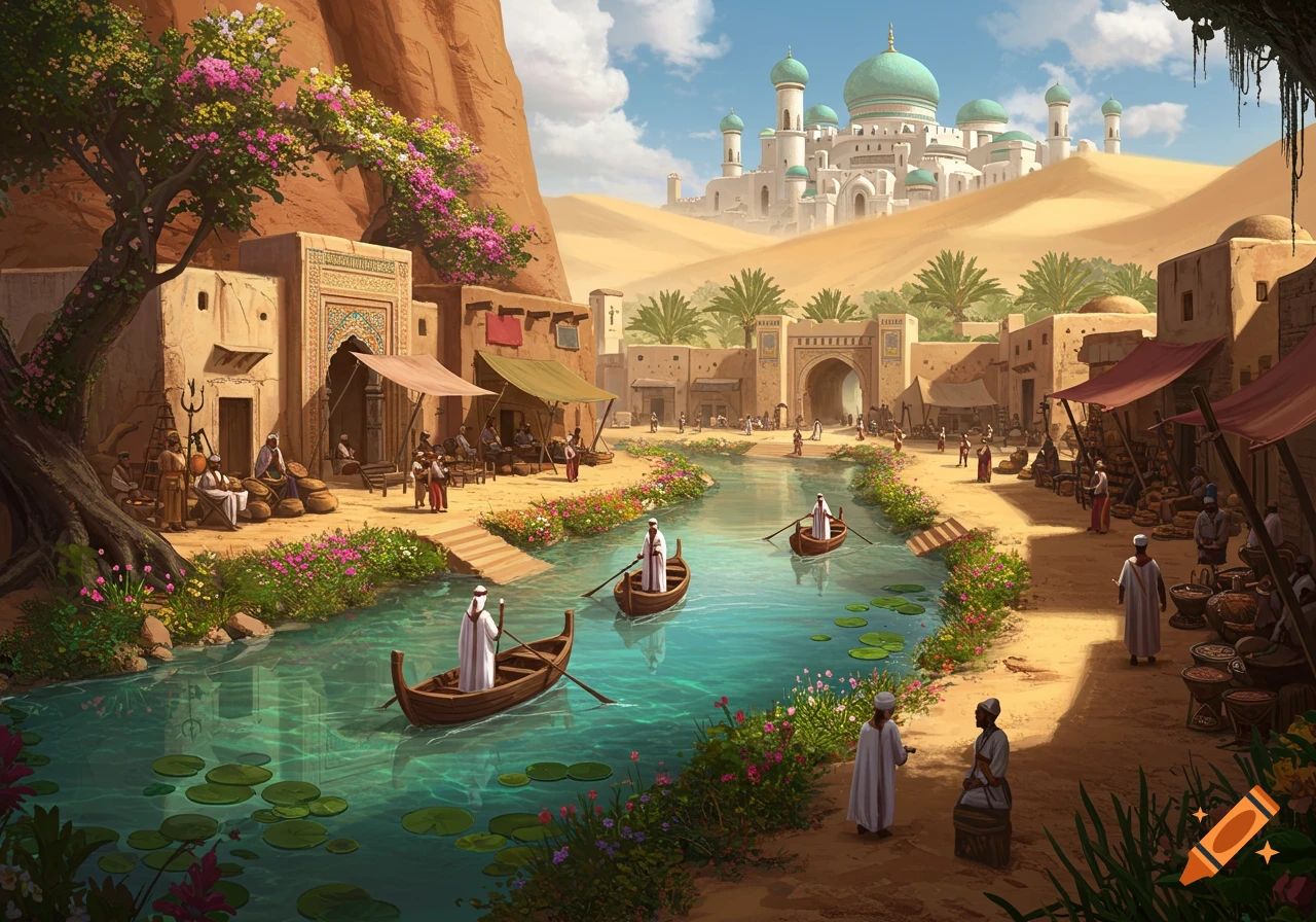 A vibrant desert oasis with a river, boats, market stalls, and people. A large white palace with green domes rises in the distance.