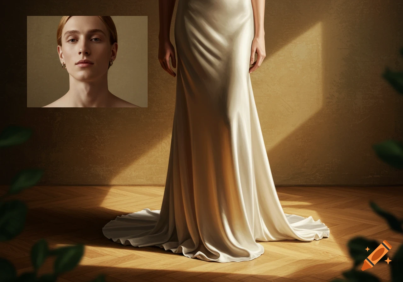 A person in a flowing cream satin gown stands on a wooden floor, with an inset portrait of their face above. Sunlight casts shadows on the wall.