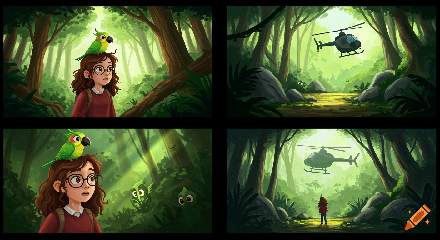 Four panel cartoon comic showing a girl and her parrot exploring a rainforest, encountering strange eyes in bushes, and being rescued by a helicopter.