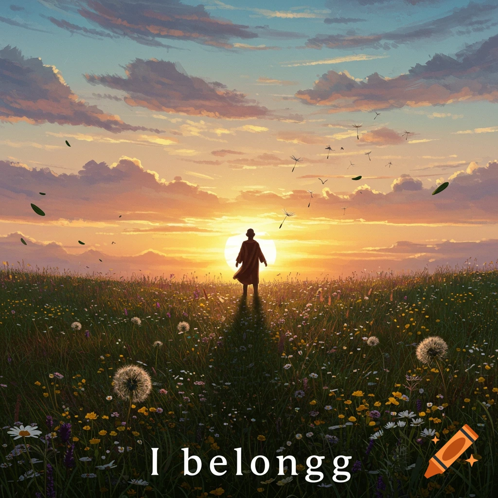 A silhouetted figure stands in a field of wildflowers facing a vibrant sunset, with seeds and leaves floating in the sky. Text says 'I belongg'.
