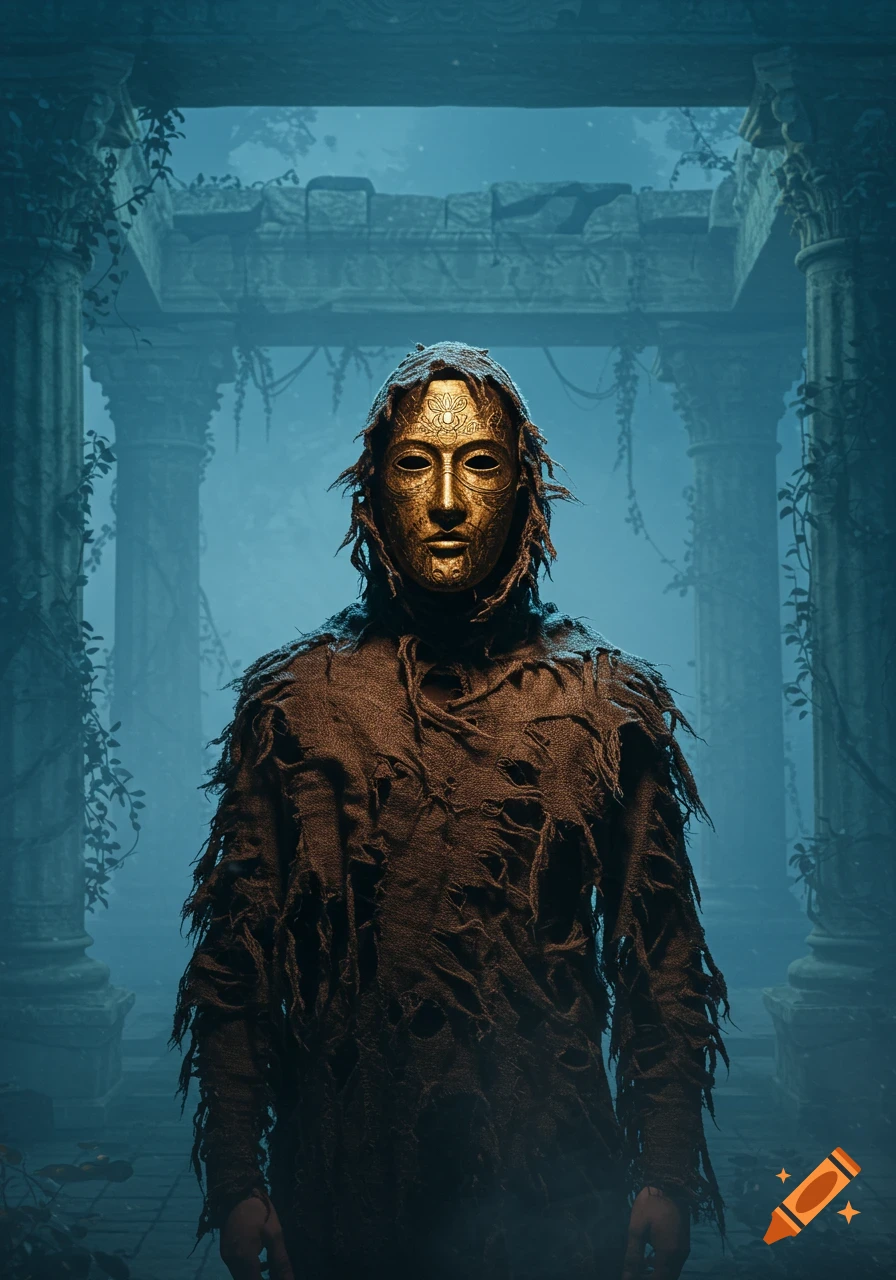 A mysterious figure in a golden funeral mask and shredded cloak stands in misty ancient ruins.