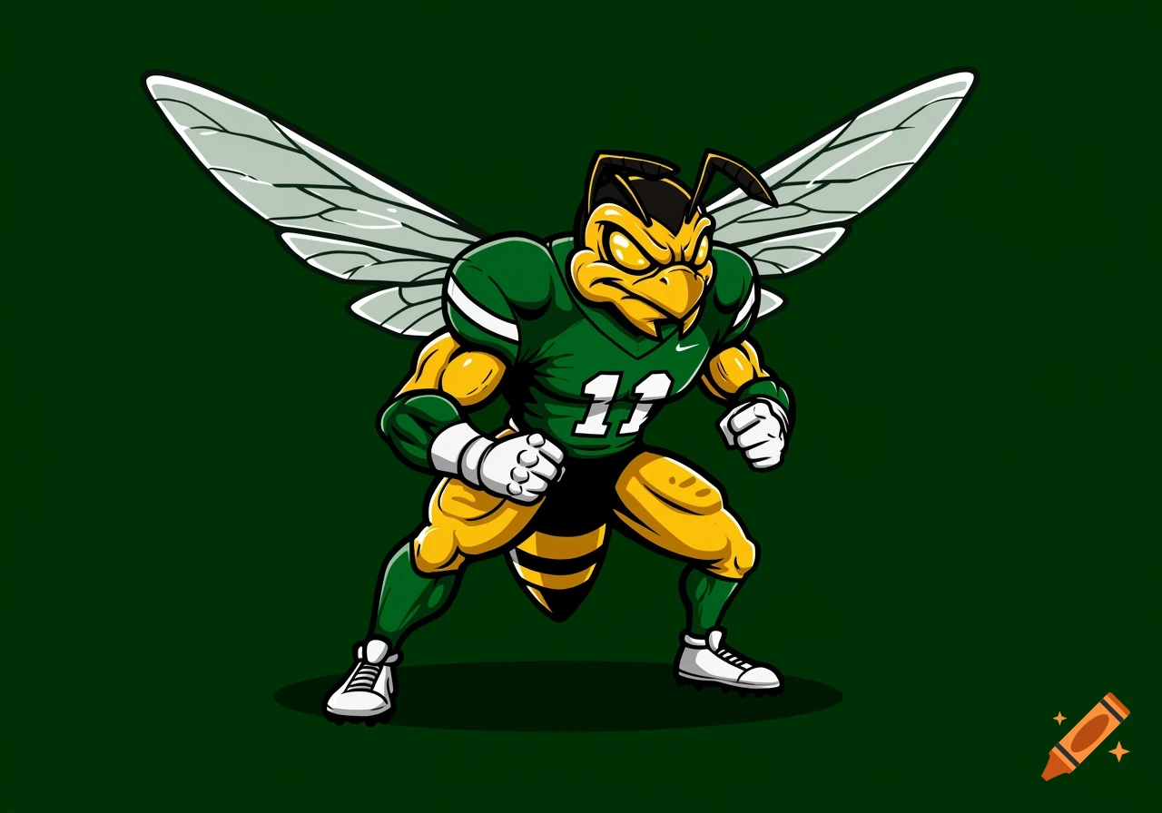 A fierce, muscular hornet football mascot in green and yellow, with number 11, wings, and clenched fists.
