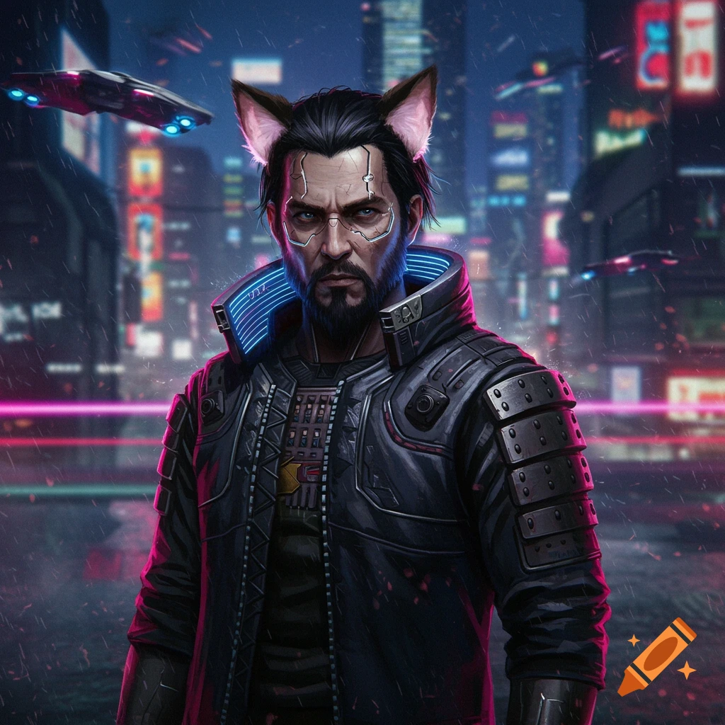 A cyberpunk character with cat ears, resembling Goro Takemura, stands in a rainy neon-lit futuristic city. Digital painting.