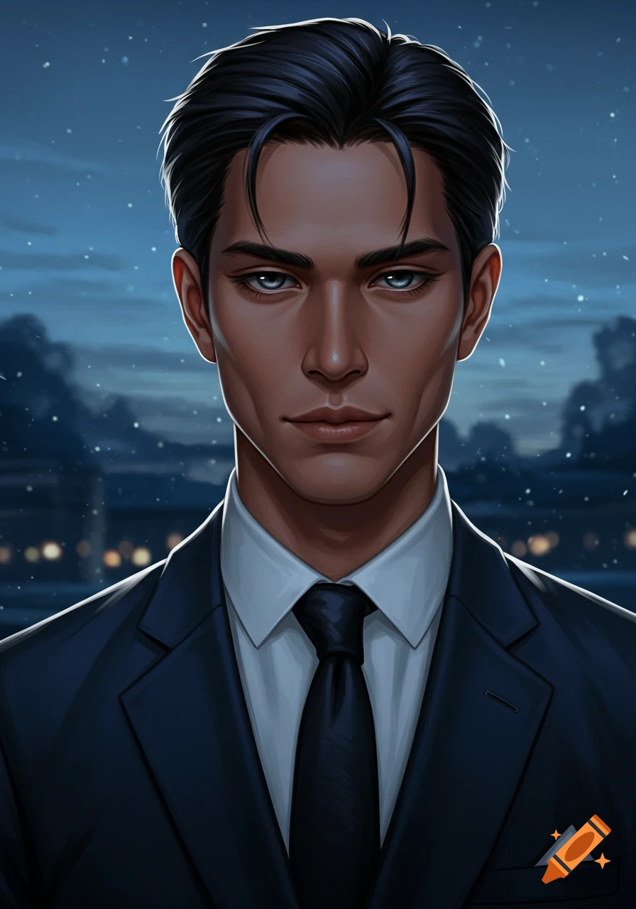 A digital painting of a man with tan skin, dark hair, light eyes, and a sharp jaw, wearing a dark suit and tie against a night sky background.