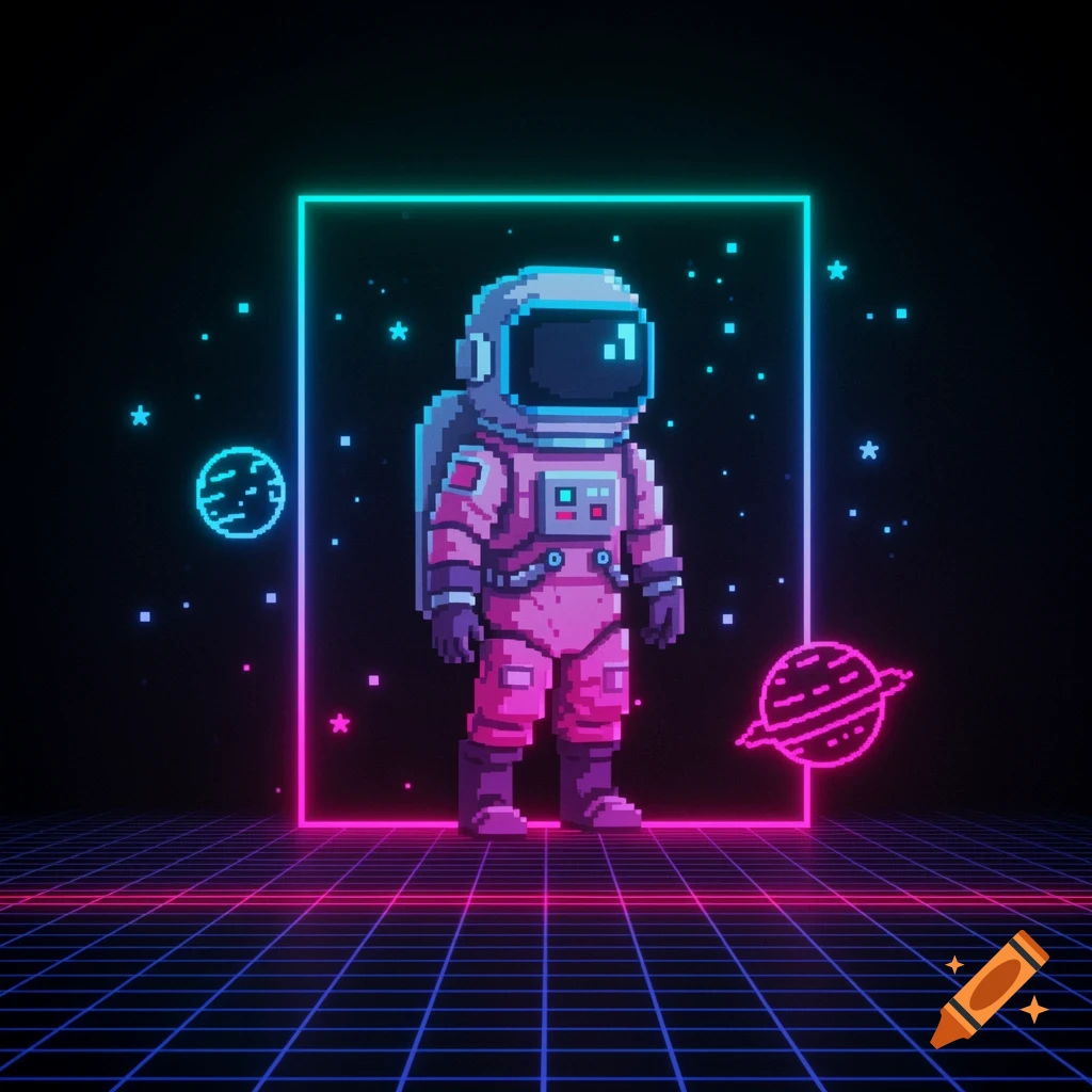 A vibrant 8-bit pixel art astronaut in a pink suit stands on a neon grid, surrounded by glowing stars and planets in space.