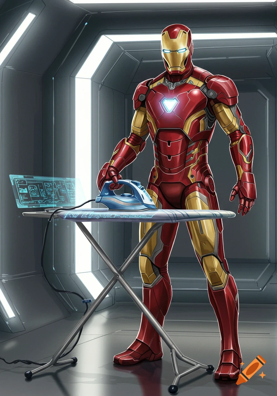 Iron Man stands in a futuristic room, holding an iron over an ironing board with a holographic display.