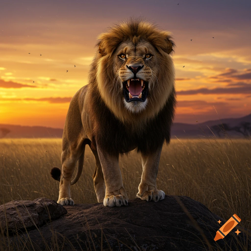 A realistic lion stands on rocks, roaring with its mouth open, against a vibrant sunset over a savanna.