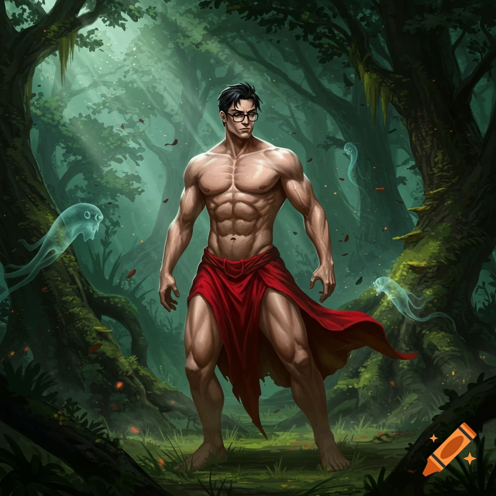 Muscular man with black hair and glasses wearing a red loincloth stands in a mystical forest with glowing spirits, dnd style art.