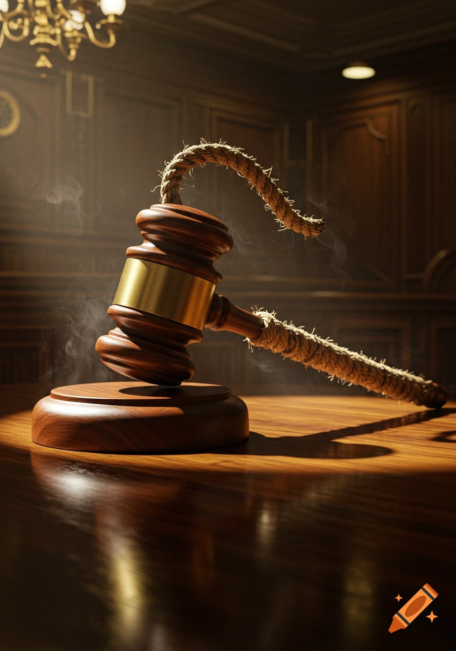 A wooden gavel with a golden band has its handle replaced by a thick rope, resting on a polished wooden surface in a dimly lit courtroom.