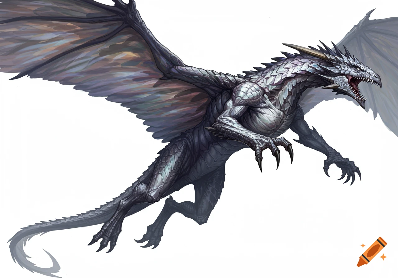 A detailed illustration of a silver and gray dragon with large wings flying against a white background.