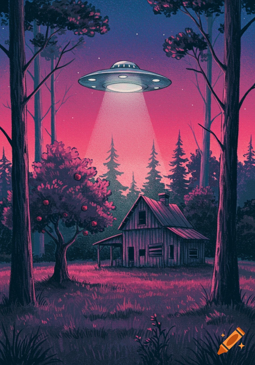 Colourful charcoal illustration of a UFO hovering over an old farmhouse and apple tree in woods at sunset with pink and blue tones.