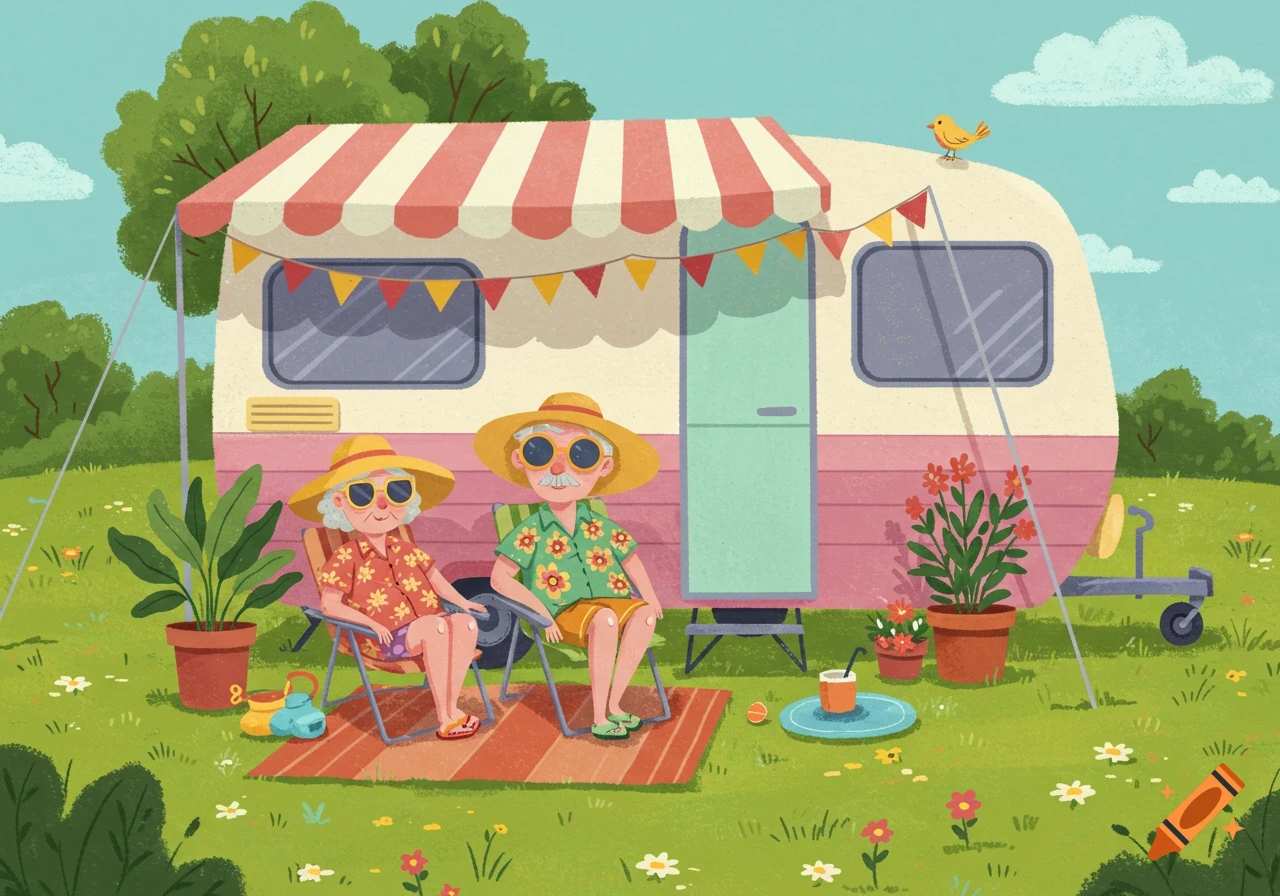 Cartoon of an elderly couple relaxing by their pink caravan, camping in a grassy field.