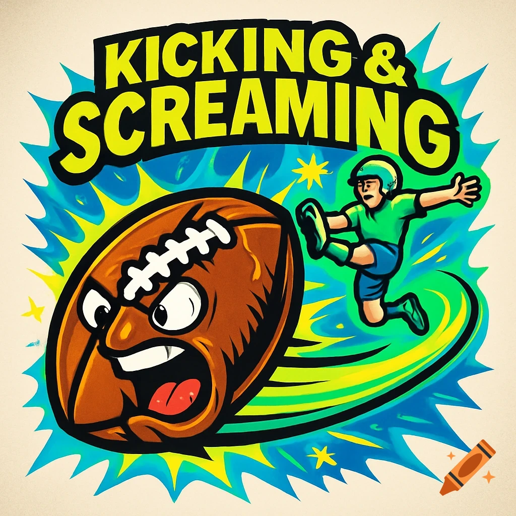 Cartoon logo of an angry football being kicked by a player, with "KICKING & SCREAMING" text.