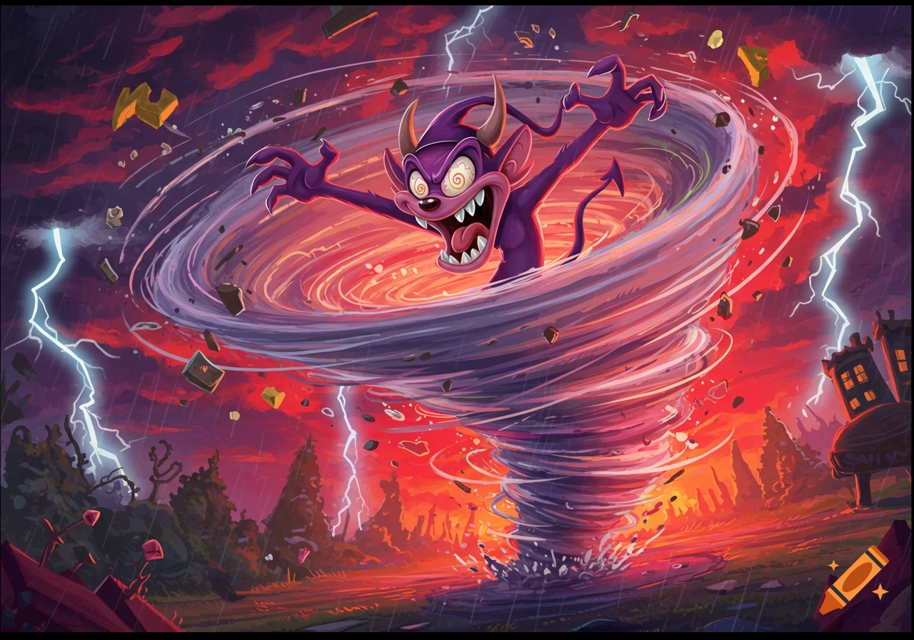 A purple, cartoon devil with a crazy expression is caught in a powerful tornado with lightning and debris against a stormy, red-orange sky.