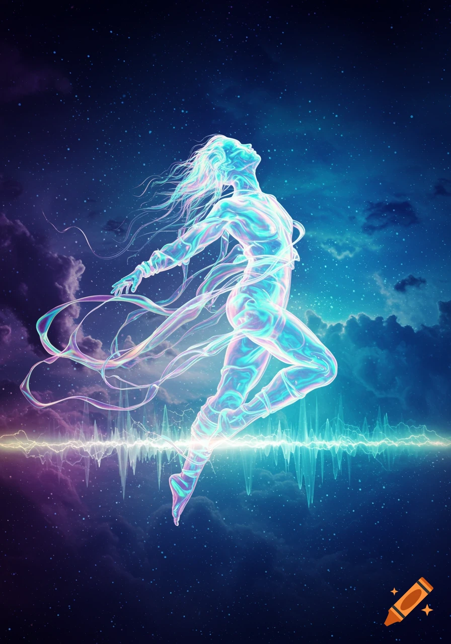 Luminous, ethereal figure with flowing hair and ribbons, jumping against a starry cosmic background with nebulous clouds and a vibrant energy wave.