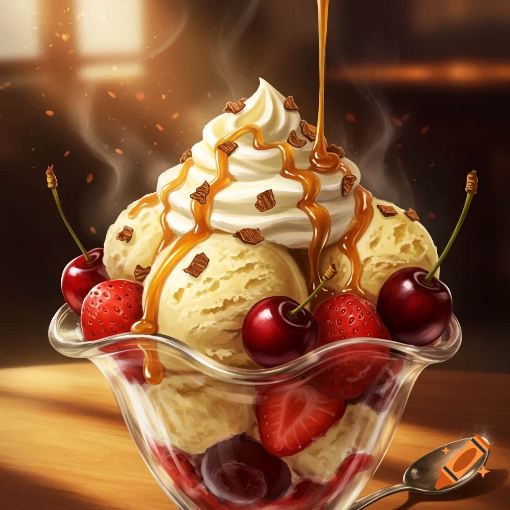A photorealistic ice cream sundae with whipped cream, caramel, strawberries, and cherries.