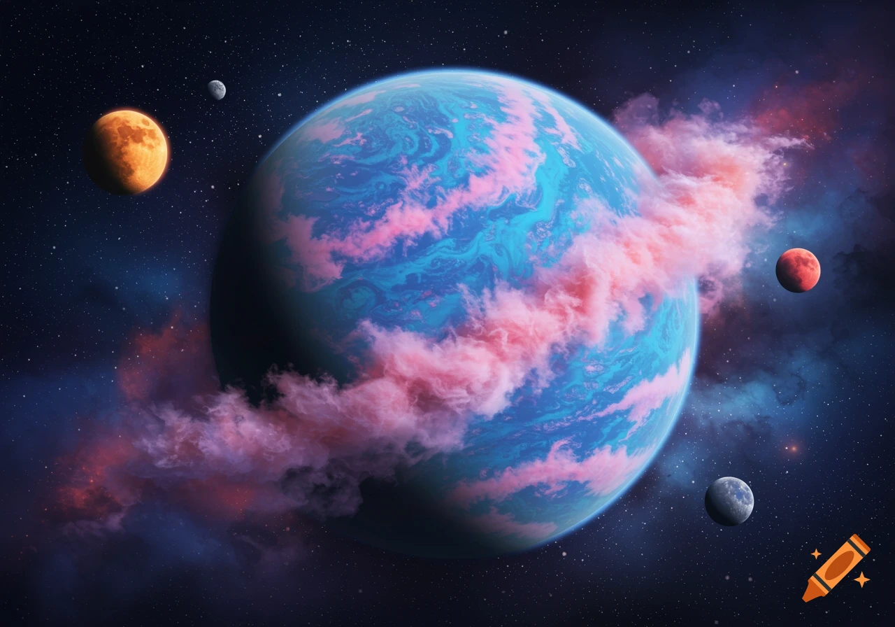 A vibrant blue planet with swirling pink clouds in space, orbited by an orange moon, a small grey moon, and a small red moon, against a backdrop of stars and nebulae.