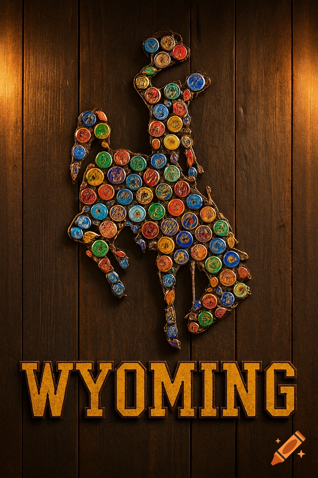 A rodeo cowboy logo made of colorful beer bottle caps on a dark wooden background, with the word 'WYOMING' in block letters below.