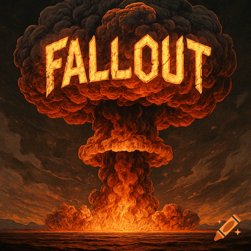 The word 'FALLOUT' glowing orange within a massive, dark mushroom cloud rising from an apocalyptic landscape over water.