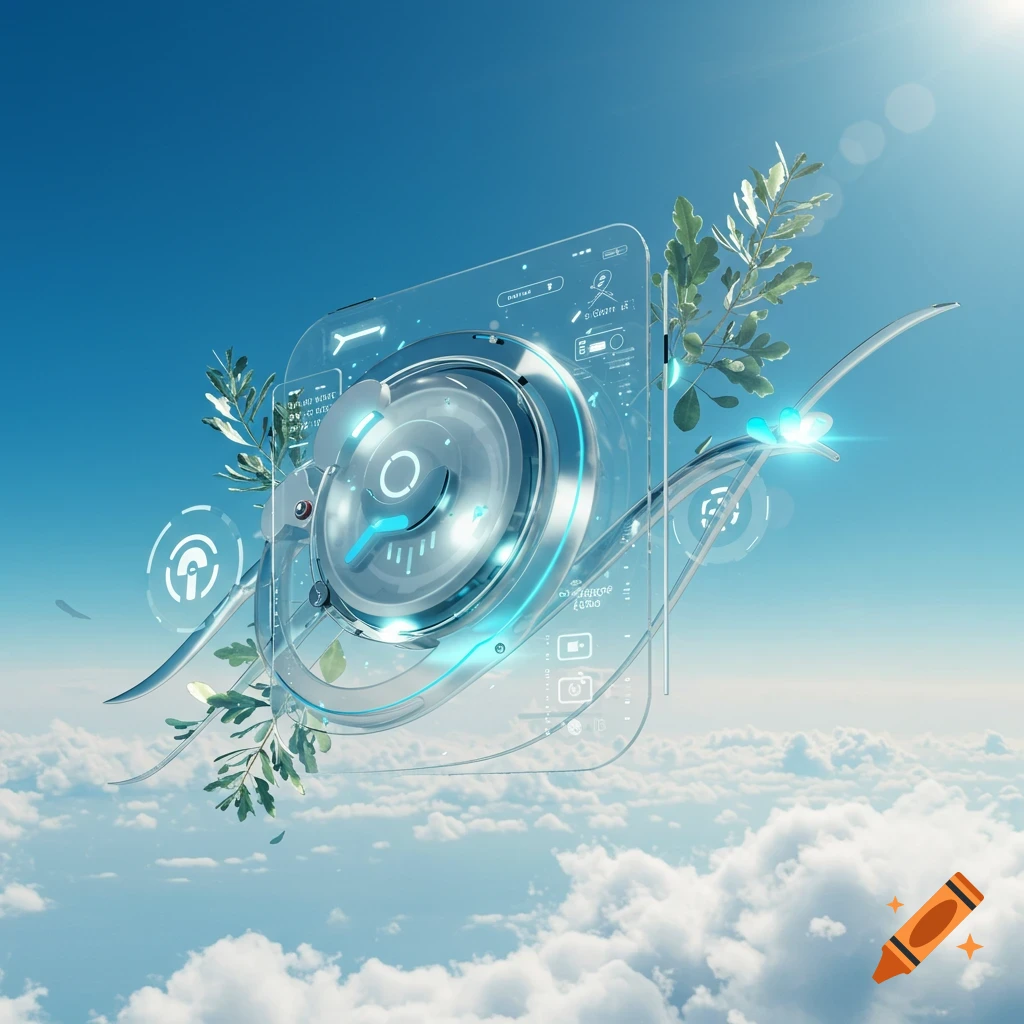 A transparent, glowing futuristic device with integrated leafy branches floats above white clouds in a bright blue sky, embodying the Frutiger Aero aesthetic.