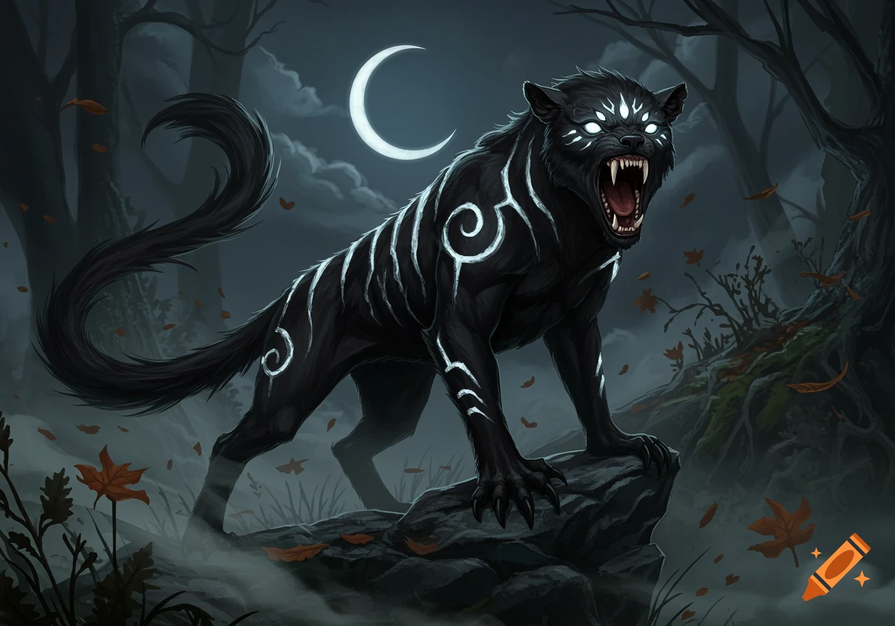A menacing black fantasy creature with glowing white eyes and tribal markings on a rock in a dark, misty forest under a crescent moon.