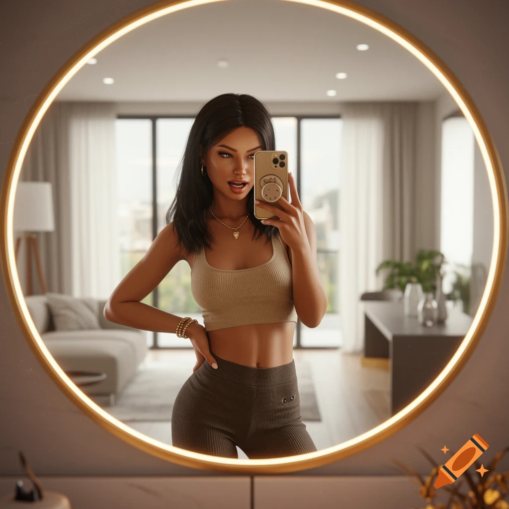 Photorealistic image of a woman in a crop top and leggings taking a mirror selfie in a modern, well-lit room.