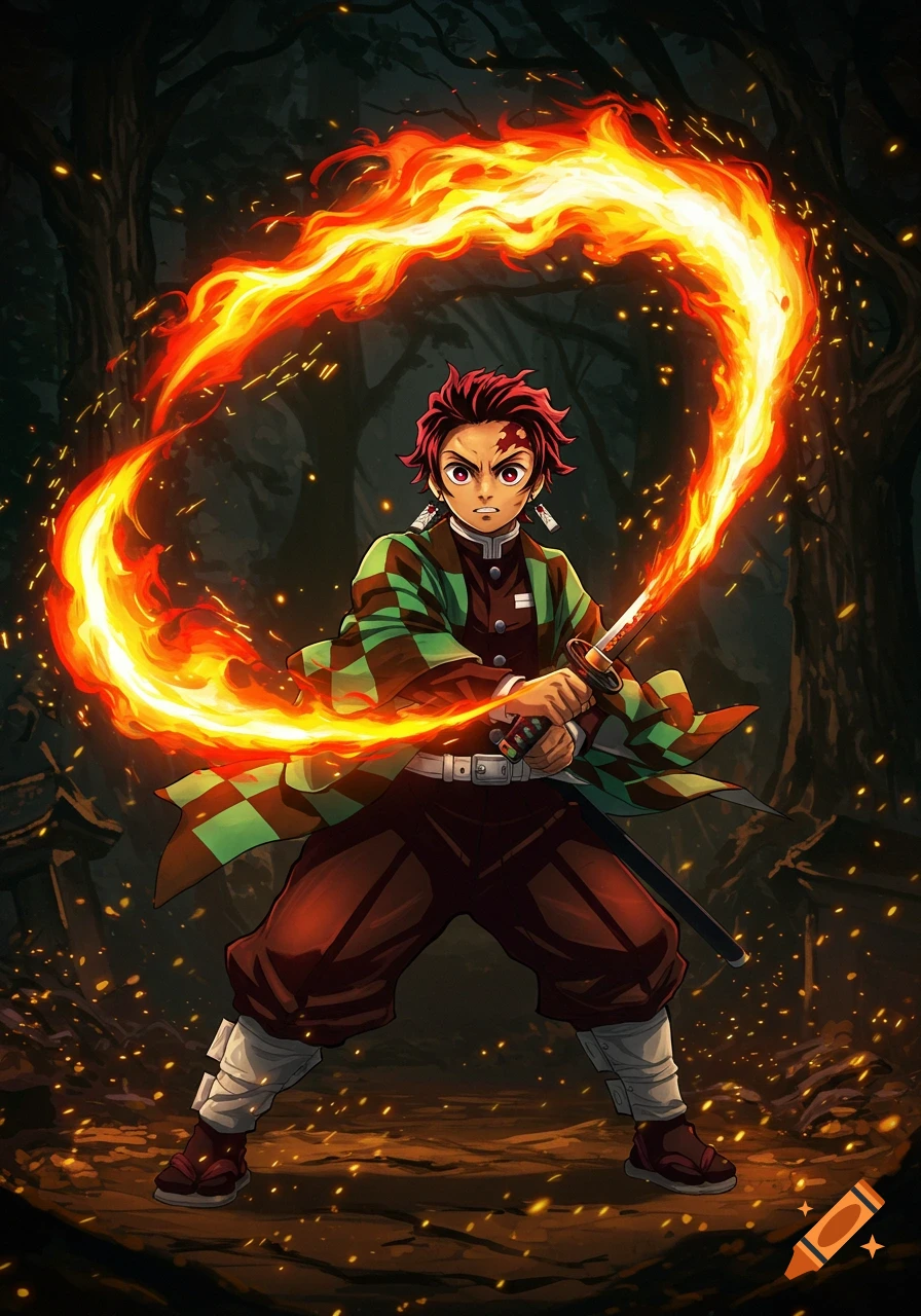 An anime character with red hair, wearing a green and black checkered haori, holds a sword amidst a swirling fiery orange aura in a dark forest.