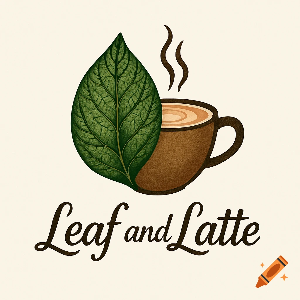 A logo illustration of a green leaf next to a steaming brown coffee cup, with the text 'Leaf and Latte' below.
