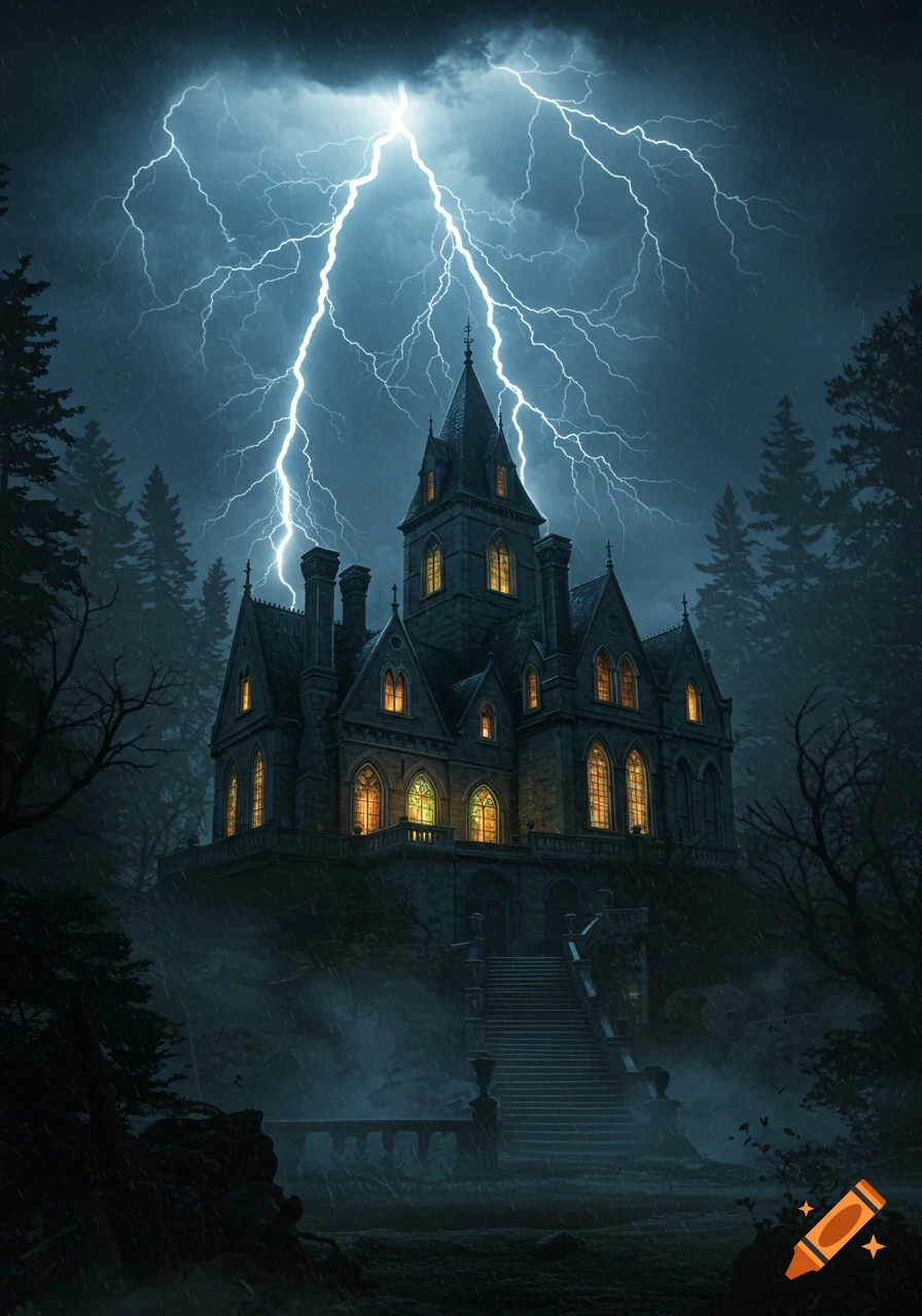 A dark gothic mansion is dramatically lit by bright lightning bolts during a thunderstorm in a stormy forest.
