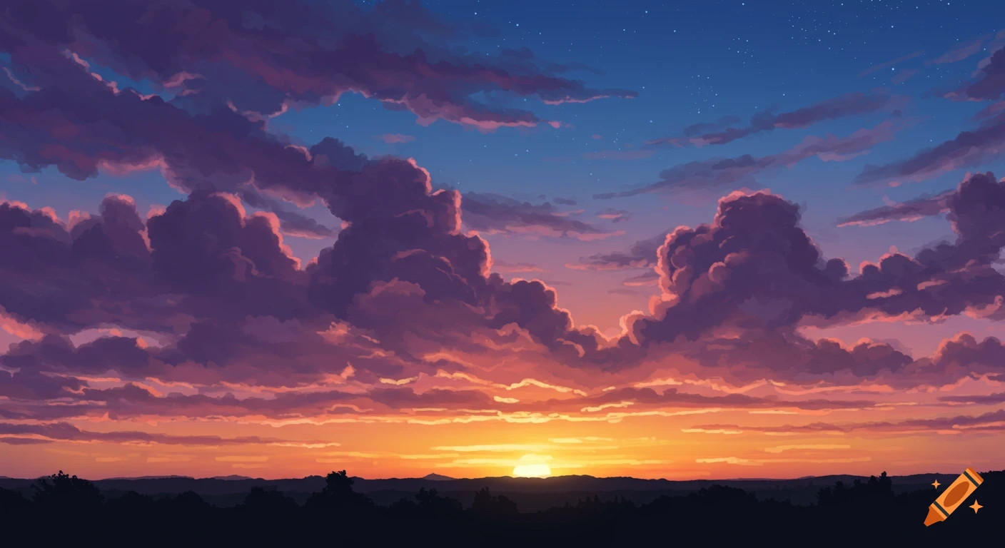 A vibrant anime-style sunset with purple and orange clouds over a dark landscape.