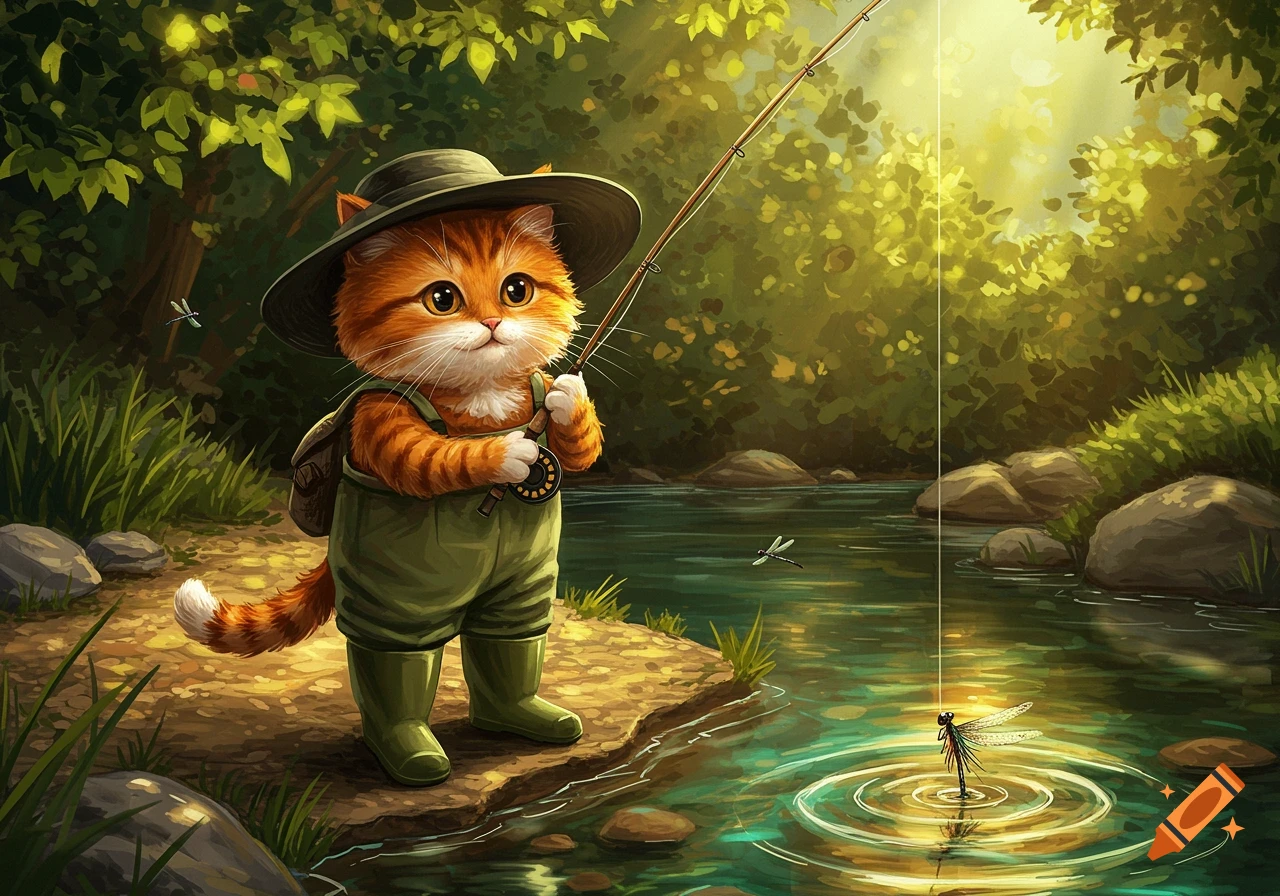 A cute orange striped cartoon cat wearing a hat and waders, fly fishing in a sunny forest stream with a dragonfly on the water.