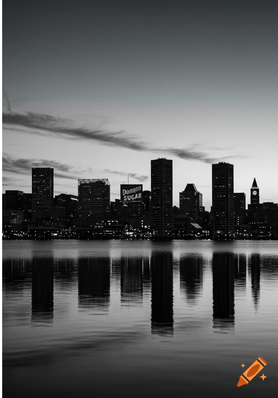 A black and white photo of the Baltimore city skyline at dusk, with buildings silhouetted and reflected in the water.