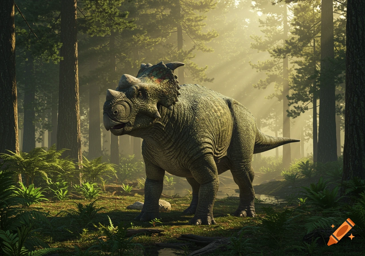 A detailed, photorealistic image of a Pachyrhinosaurus standing in a sun-dappled forest.