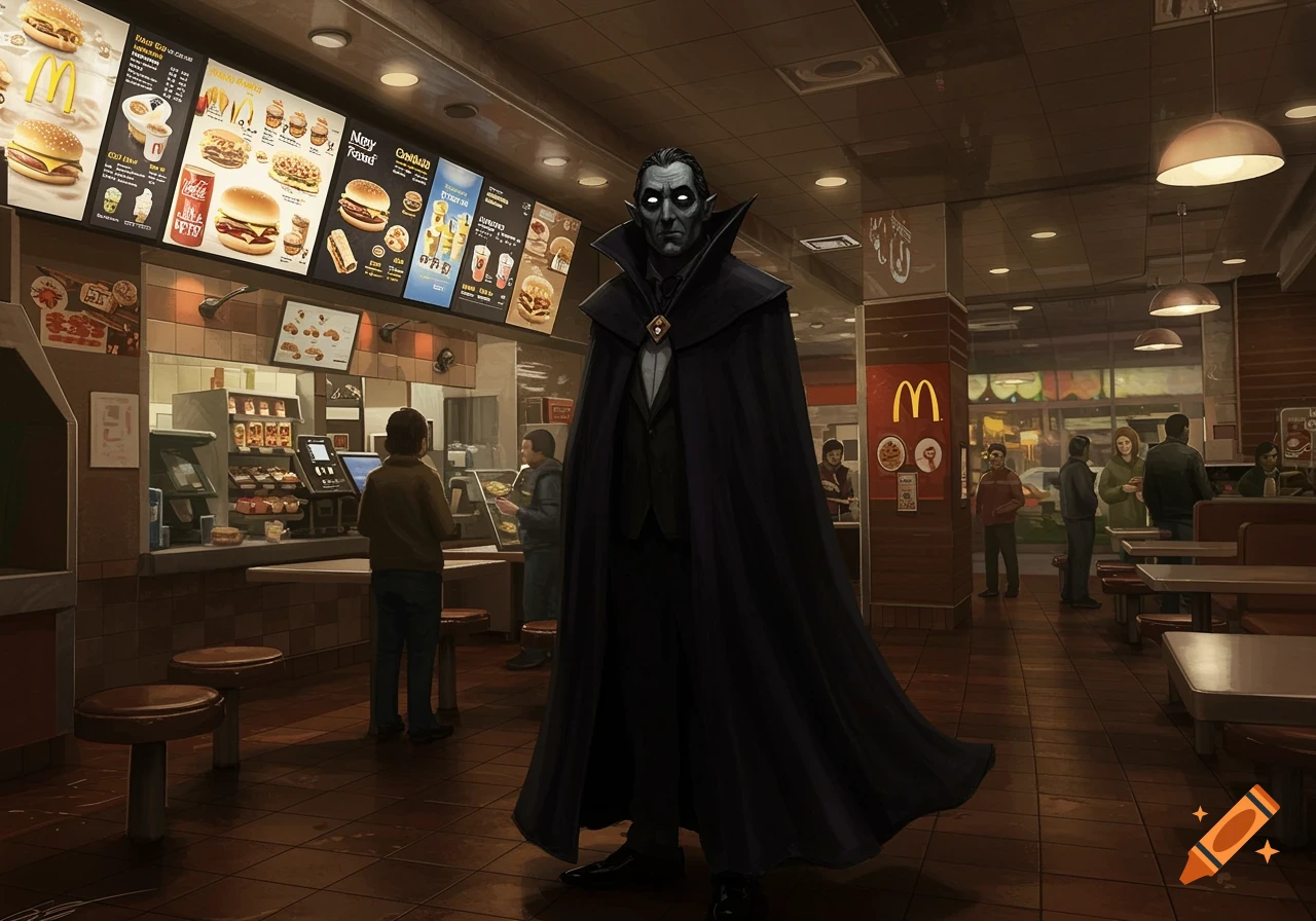 A tall, pale vampire with glowing eyes and a black cape stands in a McDonald's restaurant, surrounded by customers. Digital art.