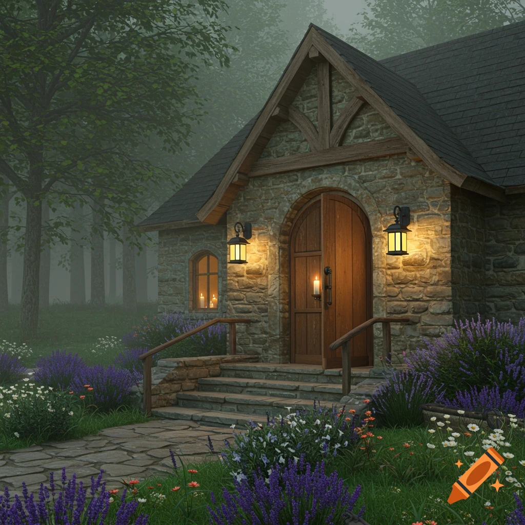 A picturesque stone cottage with a wooden door, glowing lanterns, and candles, nestled among purple flowers, a stone path, and misty trees.