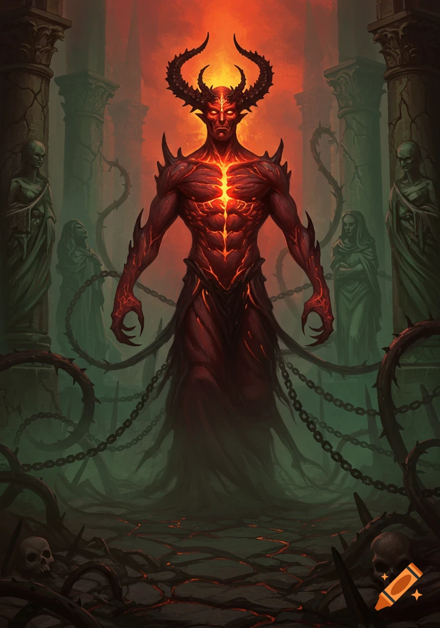 A menacing, horned demon with glowing red eyes and a fiery chest stands in a dark, ruined temple surrounded by chains and skulls.