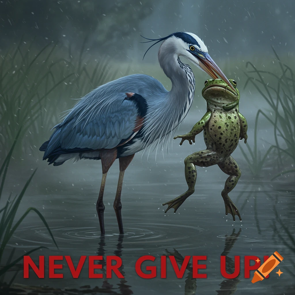A great blue heron in a shallow creek holds a frog by the throat, with the text 'NEVER GIVE UP!' at the bottom. Hyper-realistic style.