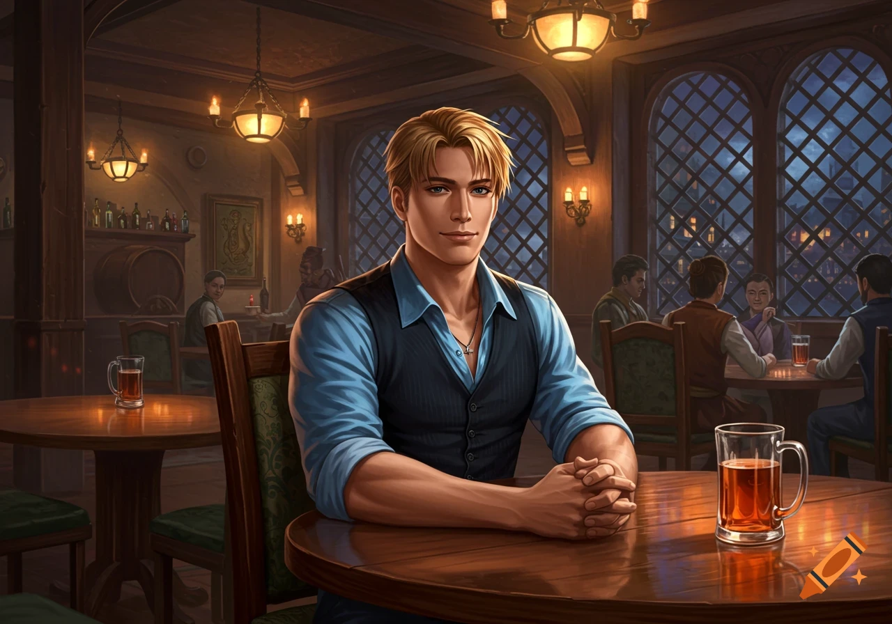 A handsome young man with blond hair and a blue shirt sits at a wooden table in an upscale fantasy tavern, a mug of beer beside him.