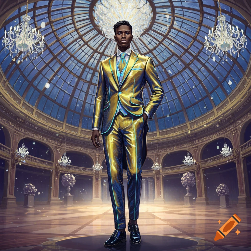 A man in a striking gold and blue metallic suit stands in a grand hall with a large glass domed ceiling and chandeliers.