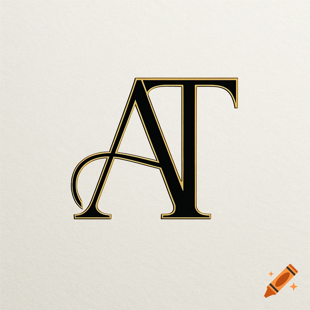 Elegant black and gold monogram logo for 'AT' on a light textured background.