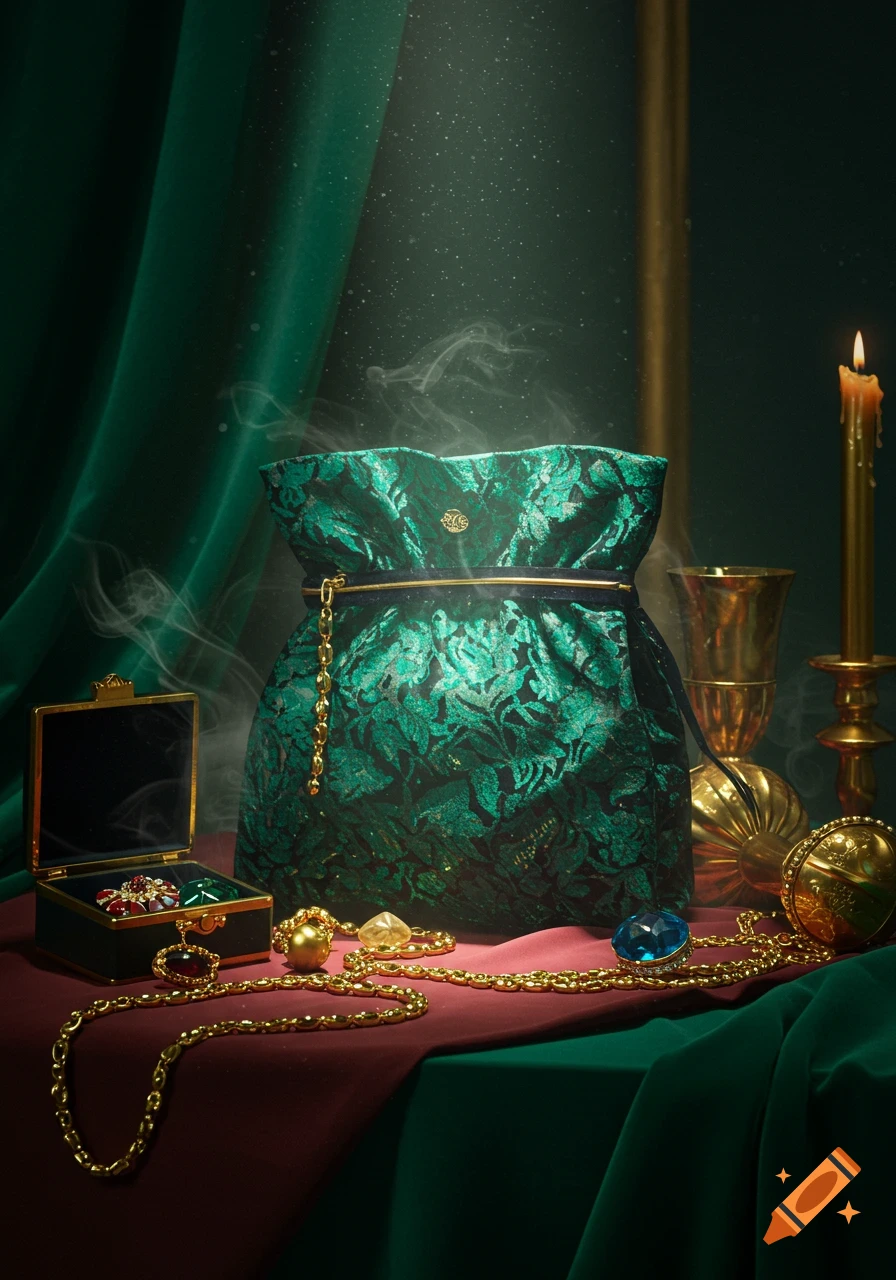 A green patterned drawstring bag with gold jewelry, a treasure box, and a lit candle on a red and green cloth in magical light.