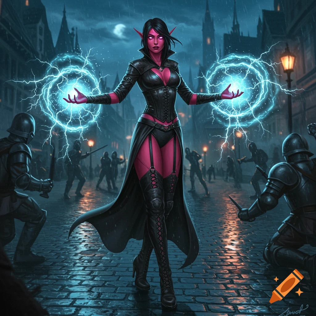 A red-pink skinned female elf with black hair unleashes electric magic, standing in a rainy city street surrounded by armored guards in this fantasy art piece.