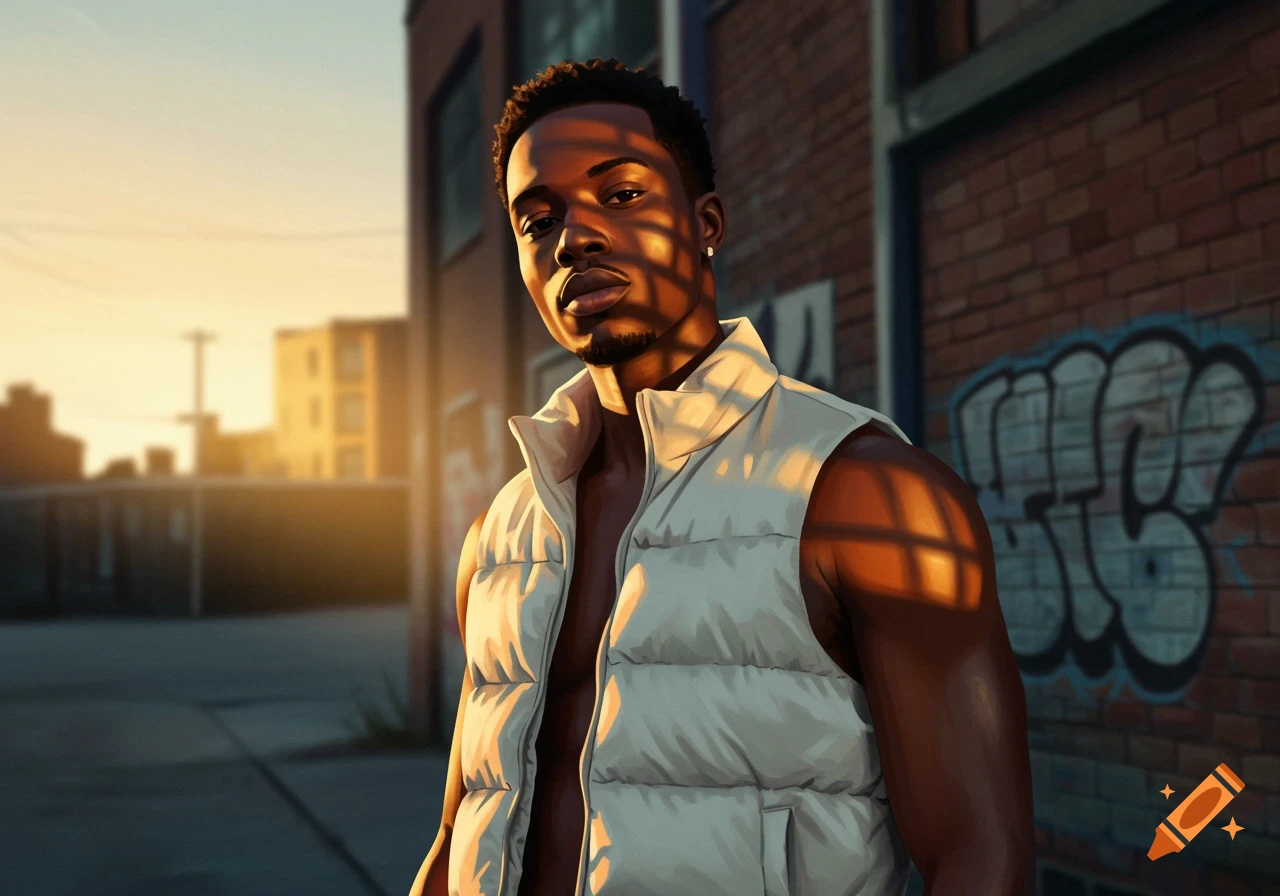 A dark-skinned man in an unzipped white puffer vest stands on an urban street with brick buildings and graffiti, illuminated by golden hour sun.