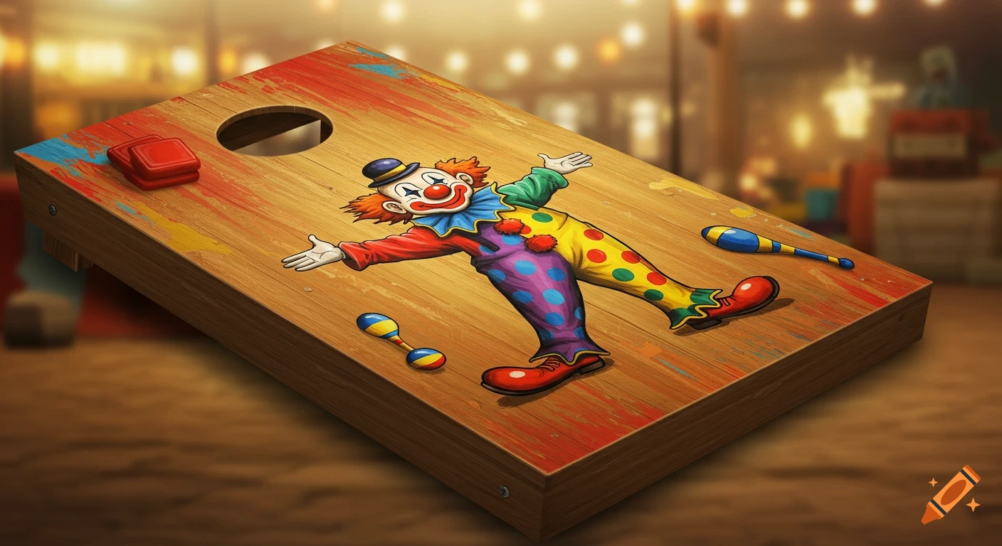 Colorful illustration of a clown painted on a wooden cornhole board with red bean bags and juggling pins, set in a blurred indoor background.
