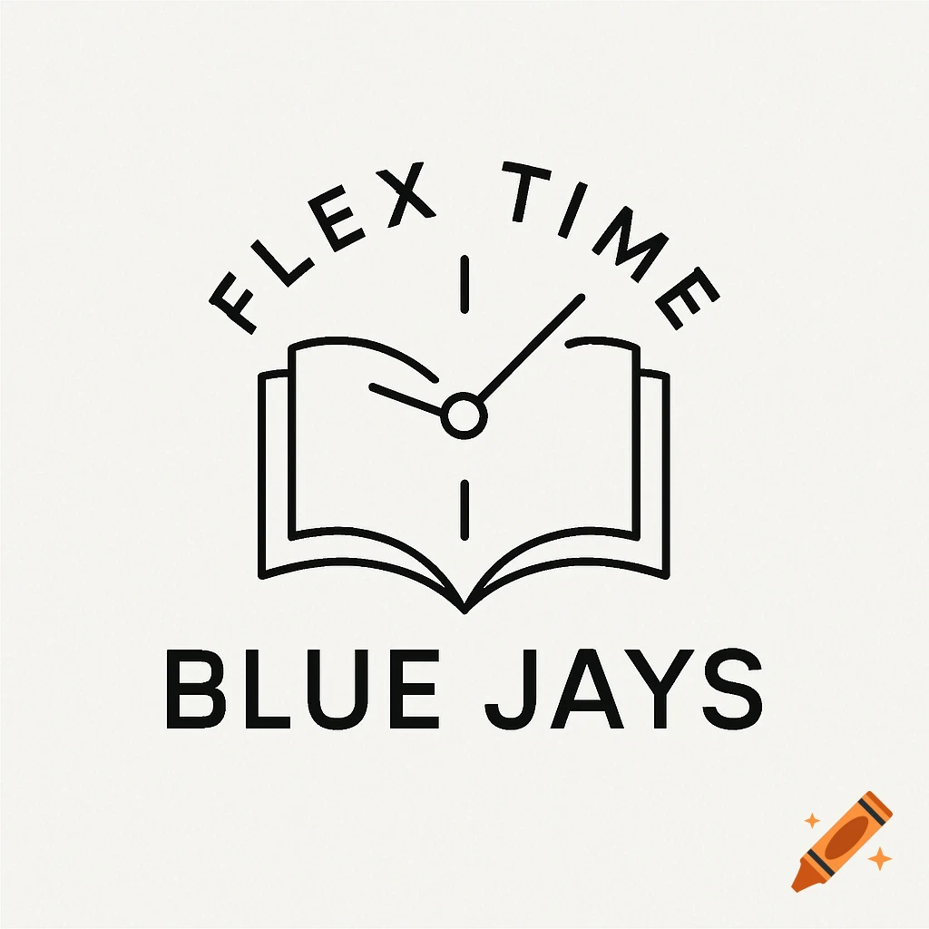 A minimalistic black and white logo with an open book as a clock, showing 'FLEX TIME' and 'BLUE JAYS'.