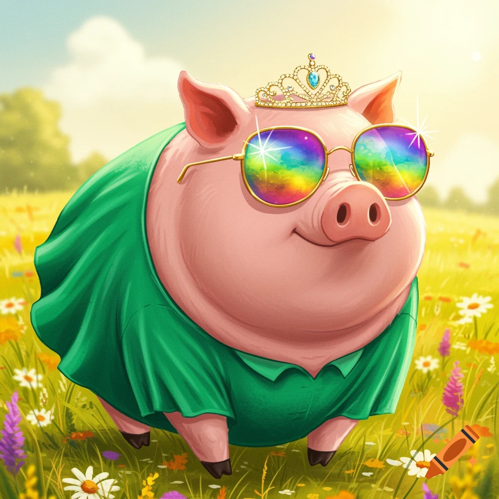 A cute cartoon pig wearing a green dress, rainbow sunglasses, and a tiara stands in a sunny field of flowers.