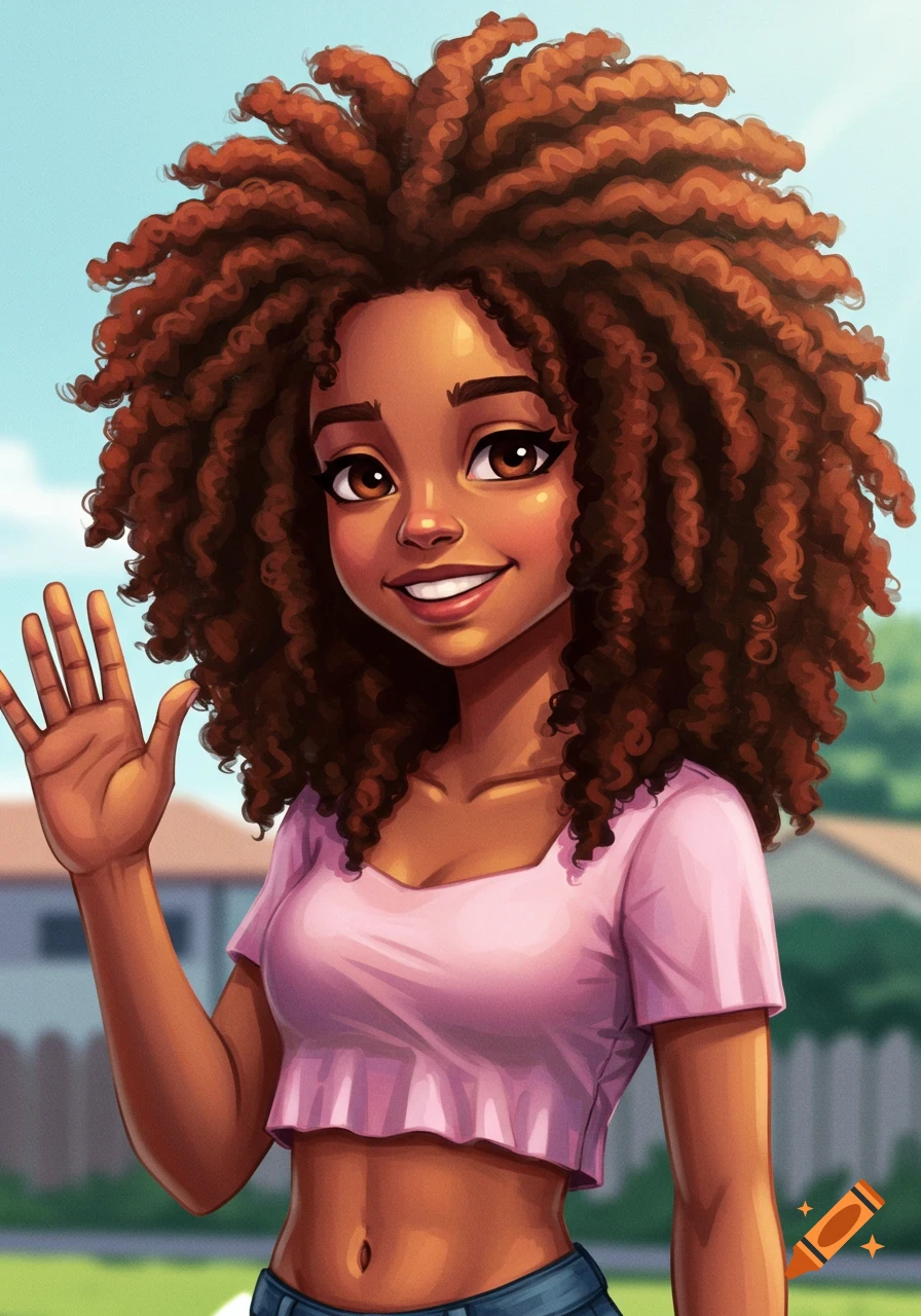 Animated young Black woman with big curly hair in a pink crop top, smiling and waving outdoors.